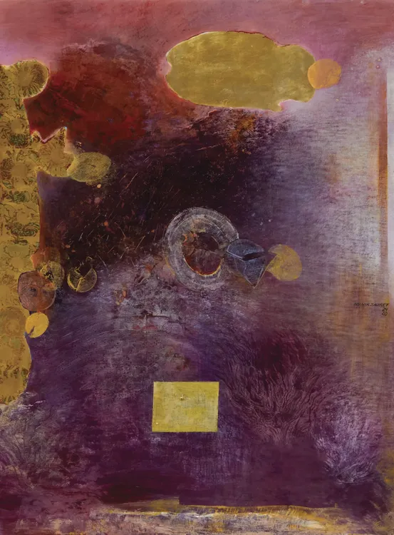 2024---Nunik-Sauret,-Cintilación-etérea,-acrílico,-hoja-de-oro-sobre-caoba,-190-x-140-cm